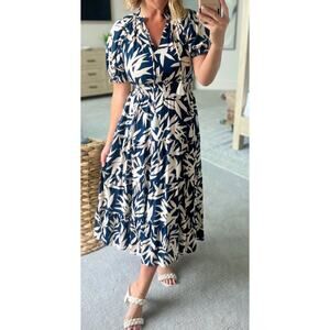 THML Womens Maxi Dress Blue Tan Print Smocked Waist Tiered Skirt Pockets M